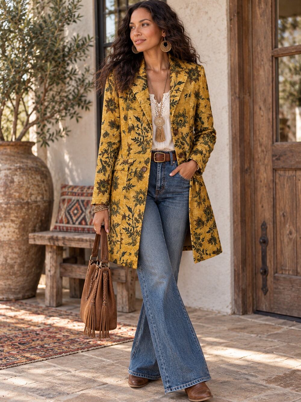 PERUVIAN CONNECTION Mustard Floral Jacquard Long Blazer Coat Size 2